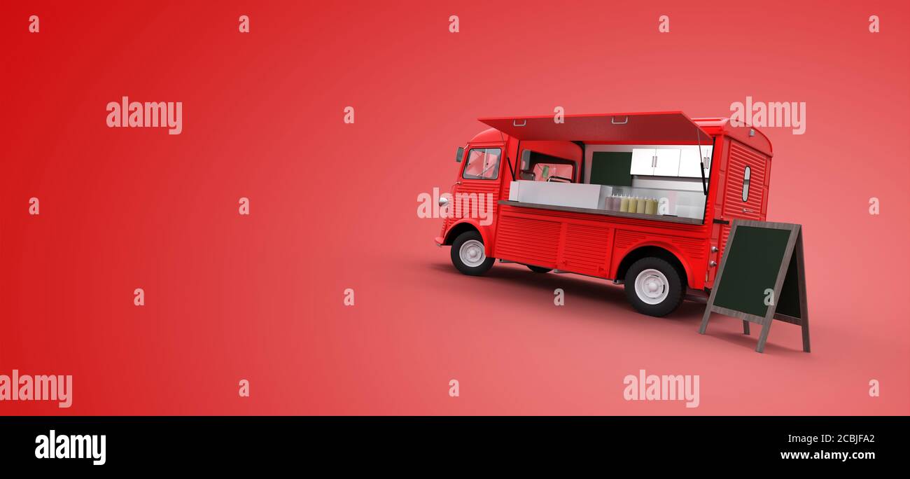 red food truck on red background 3D rendering Stock Photo