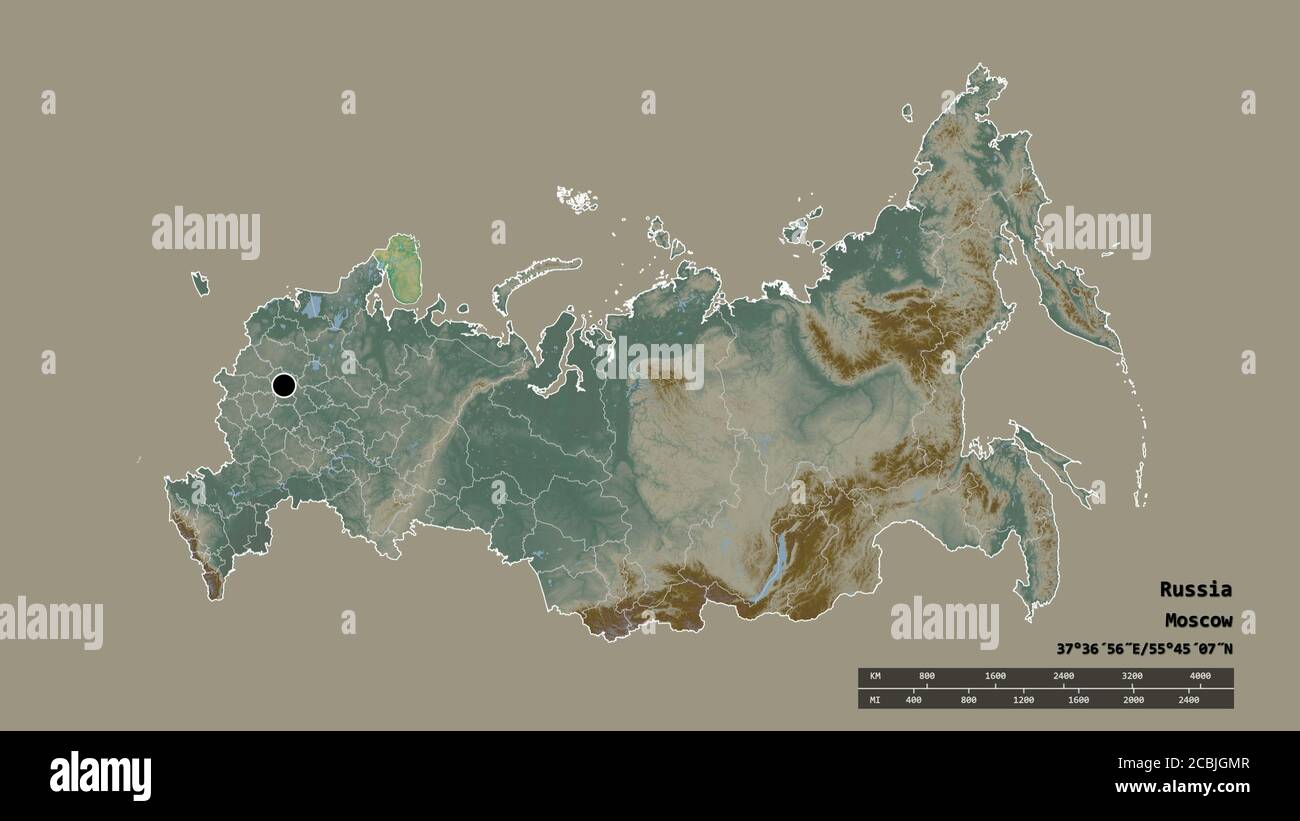 Desaturated shape of Russia with its capital, main regional division and the separated Murmansk area. Labels. Topographic relief map. 3D rendering Stock Photo