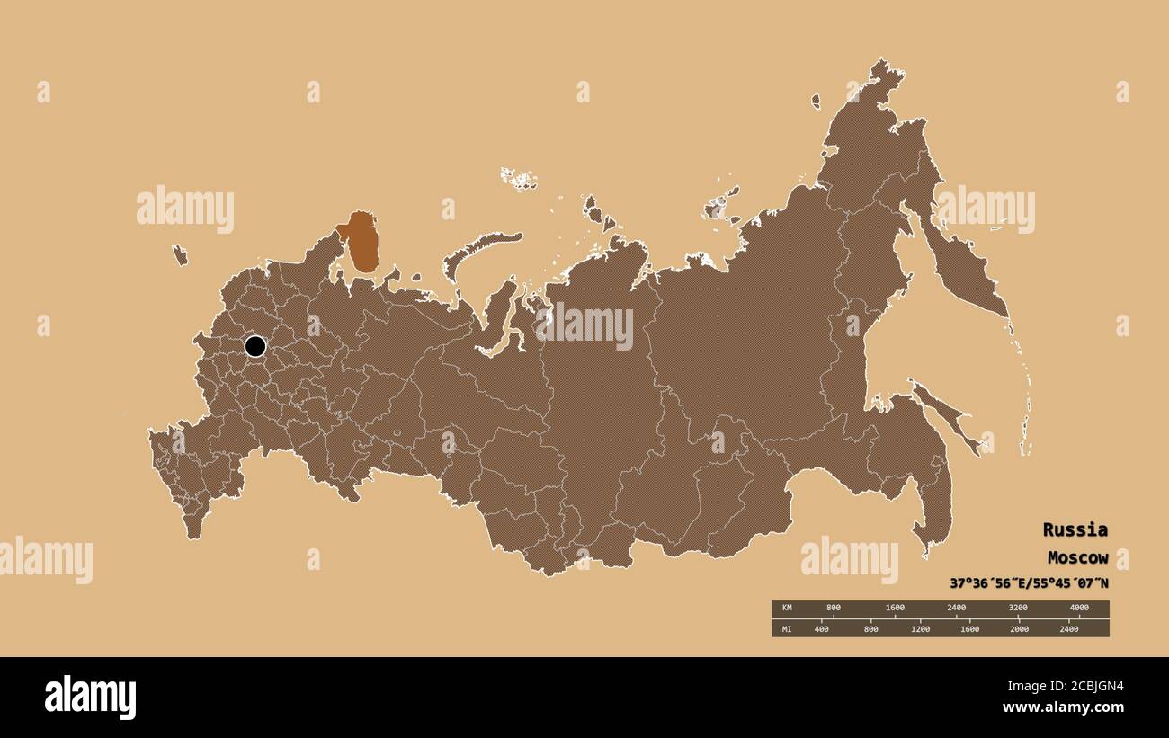 Desaturated shape of Russia with its capital, main regional division and the separated Murmansk area. Labels. Composition of regularly patterned textu Stock Photo