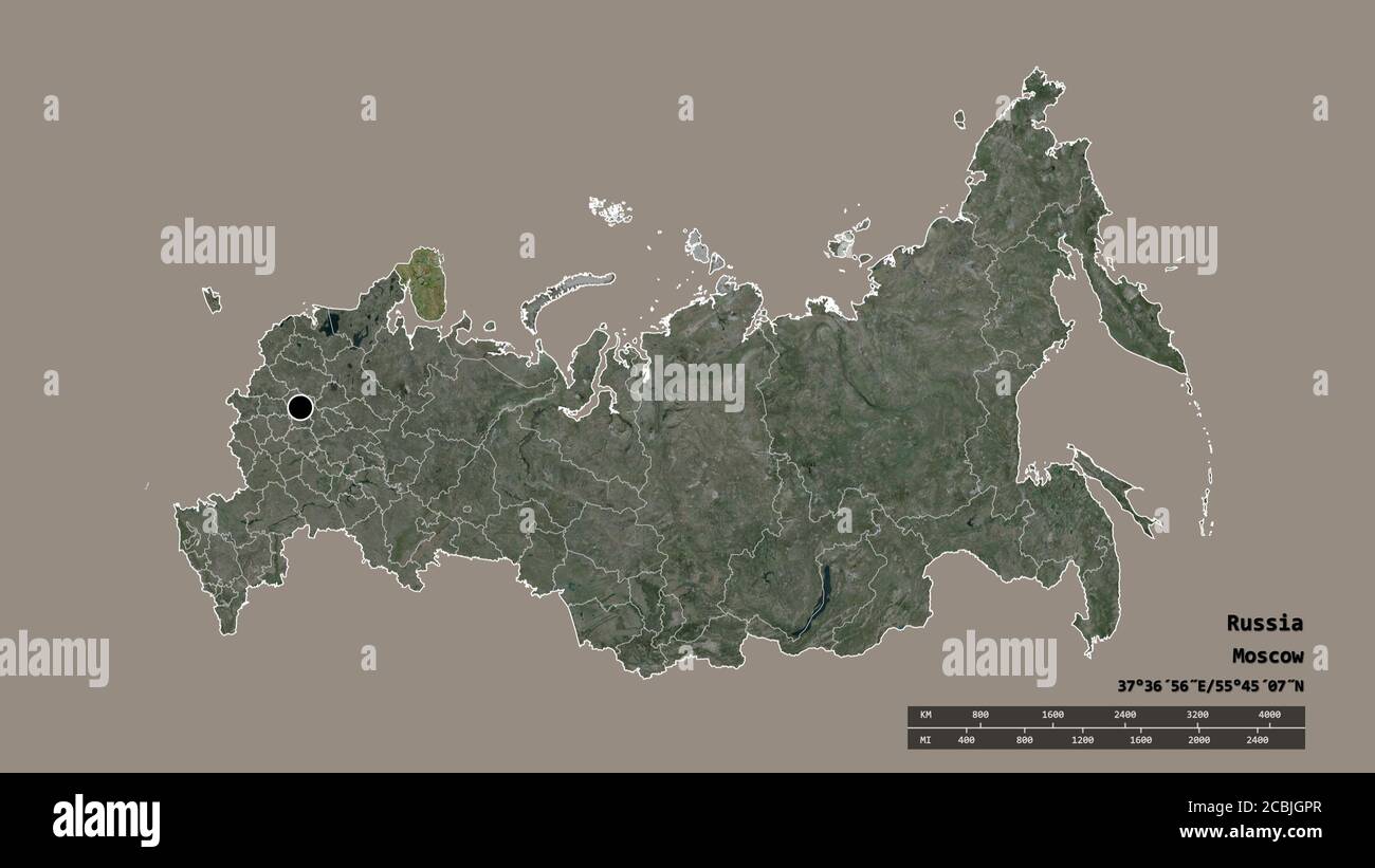Desaturated shape of Russia with its capital, main regional division and the separated Murmansk area. Labels. Satellite imagery. 3D rendering Stock Photo
