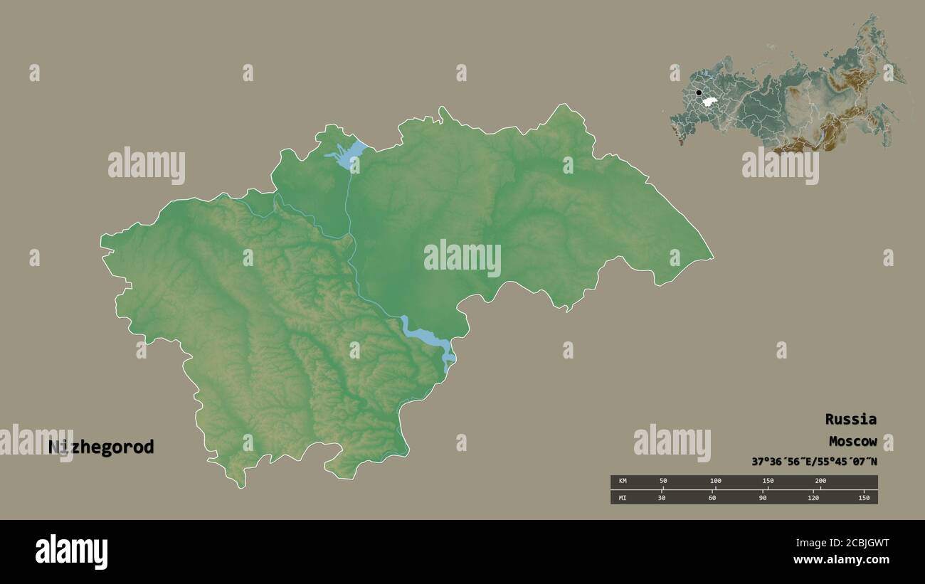 Shape of Nizhegorod, region of Russia, with its capital isolated on solid background. Distance scale, region preview and labels. Topographic relief ma Stock Photo