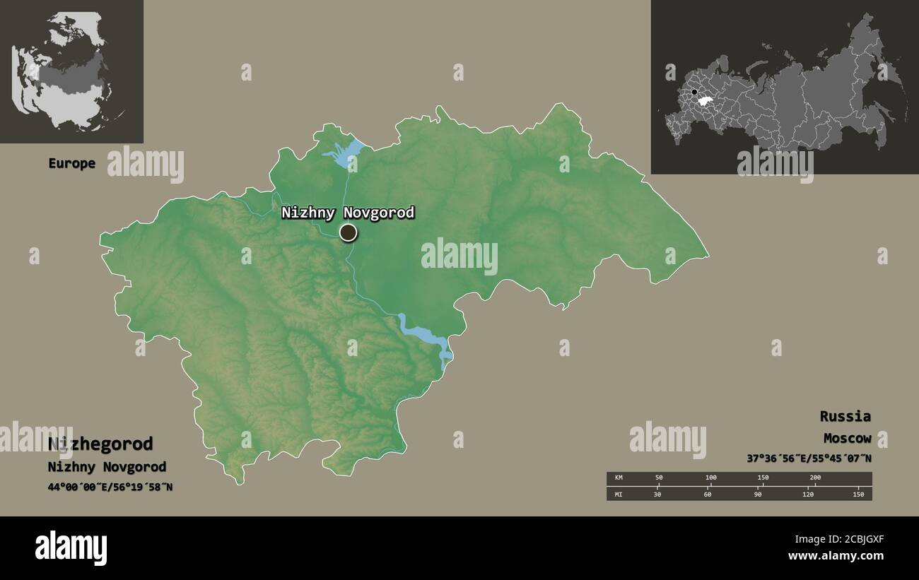 Shape of Nizhegorod, region of Russia, and its capital. Distance scale, previews and labels. Topographic relief map. 3D rendering Stock Photo