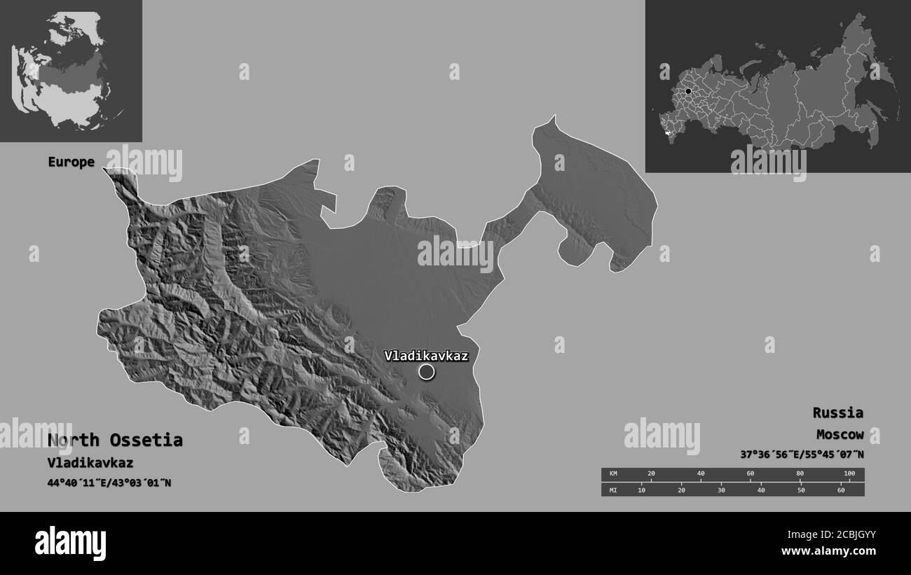 Shape of North Ossetia, republic of Russia, and its capital. Distance scale, previews and labels. Bilevel elevation map. 3D rendering Stock Photo
