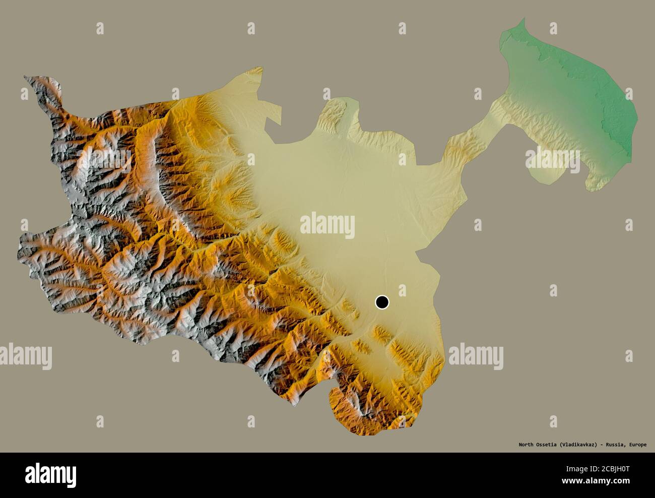 Shape of North Ossetia, republic of Russia, with its capital isolated on a solid color background. Topographic relief map. 3D rendering Stock Photo