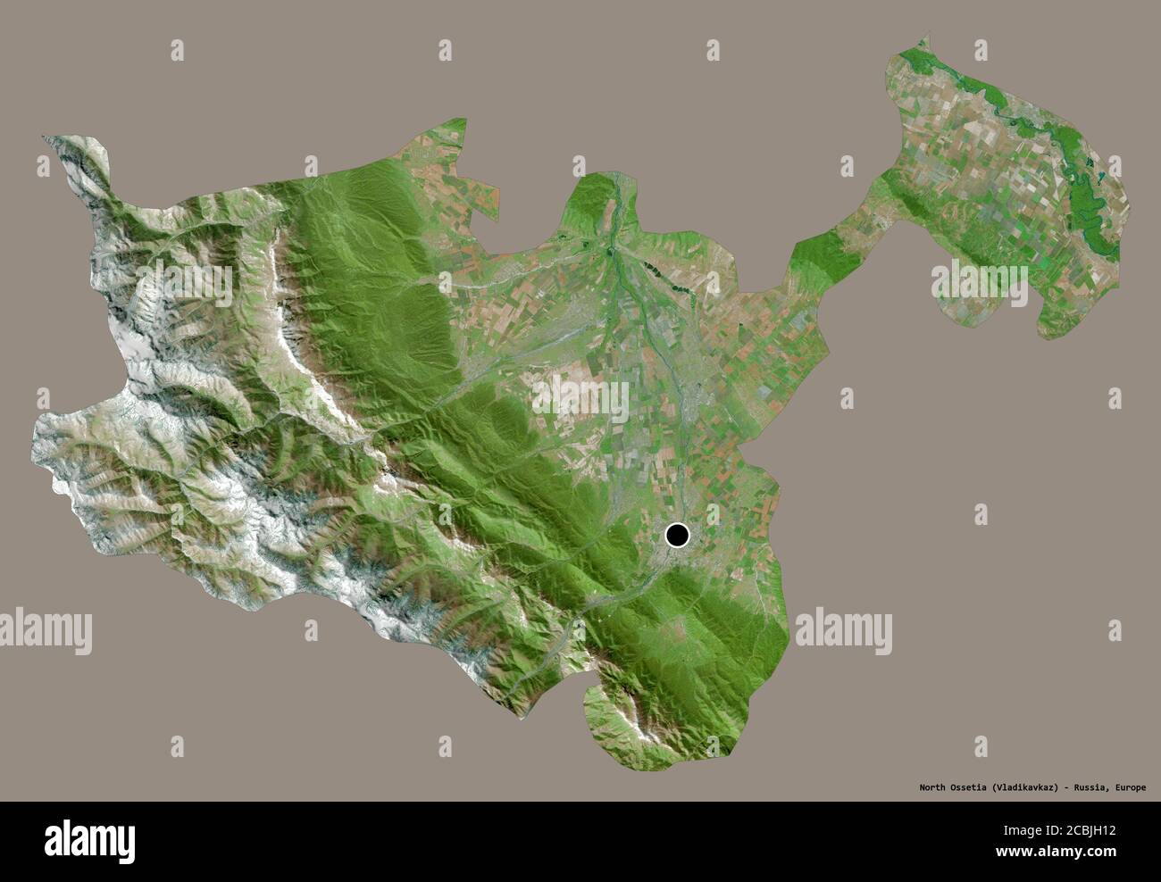 Shape of North Ossetia, republic of Russia, with its capital isolated on a solid color background. Satellite imagery. 3D rendering Stock Photo