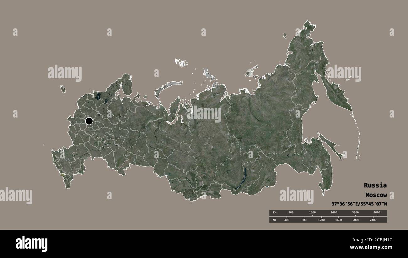 Desaturated shape of Russia with its capital, main regional division and the separated North Ossetia area. Labels. Satellite imagery. 3D rendering Stock Photo