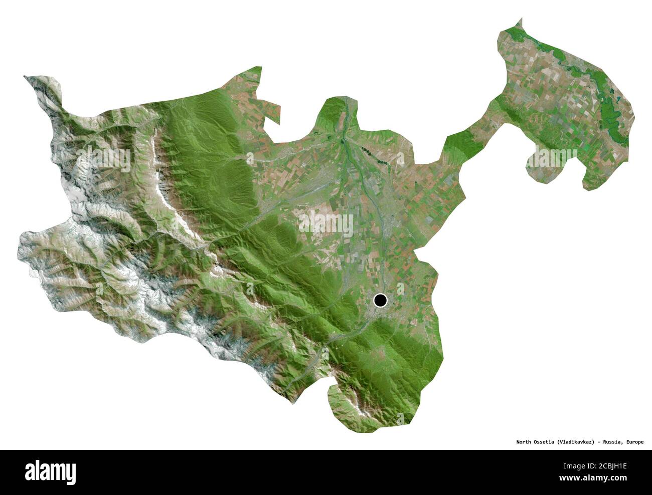 Shape of North Ossetia, republic of Russia, with its capital isolated on white background. Satellite imagery. 3D rendering Stock Photo