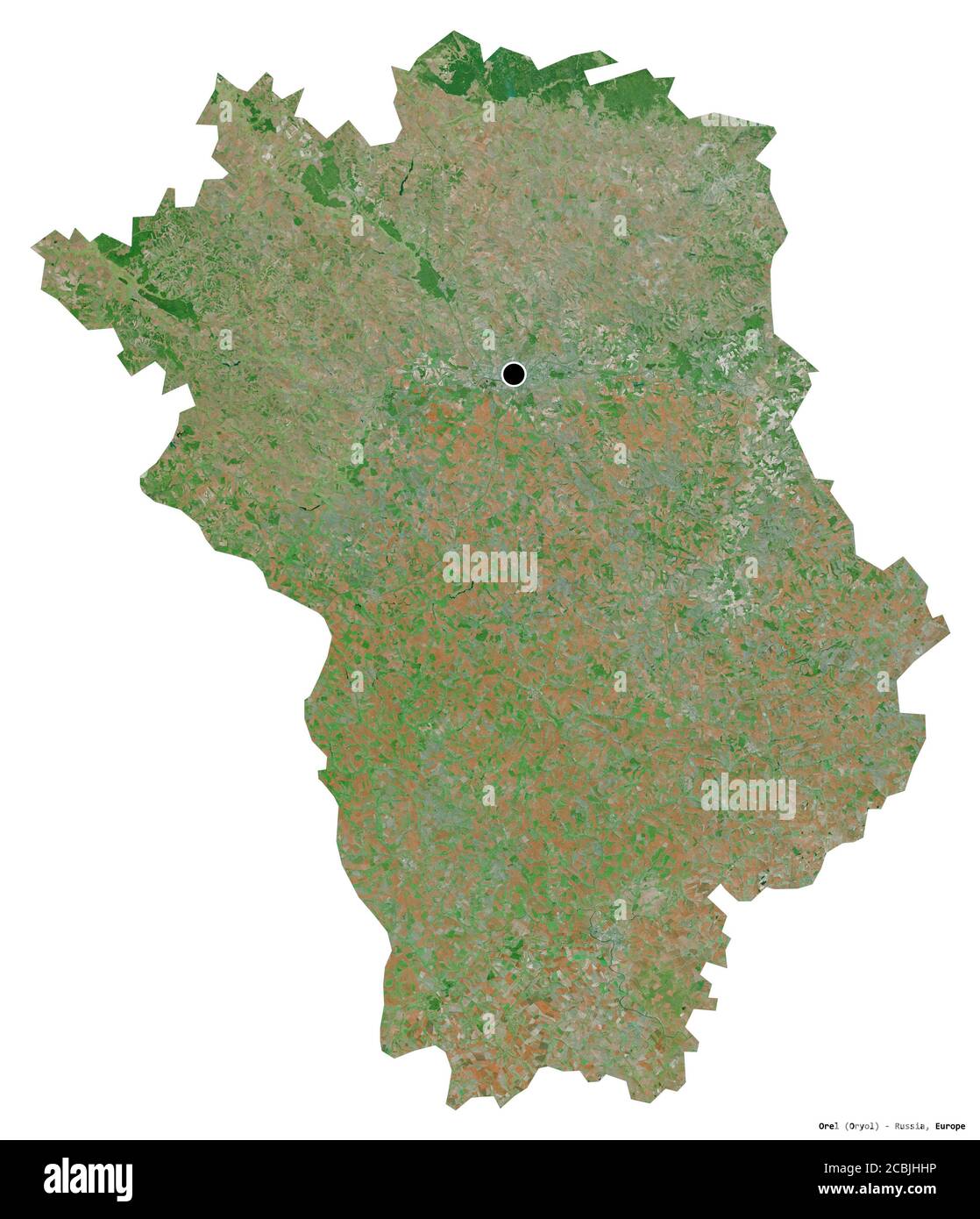 Shape of Orel, region of Russia, with its capital isolated on white background. Satellite imagery. 3D rendering Stock Photo