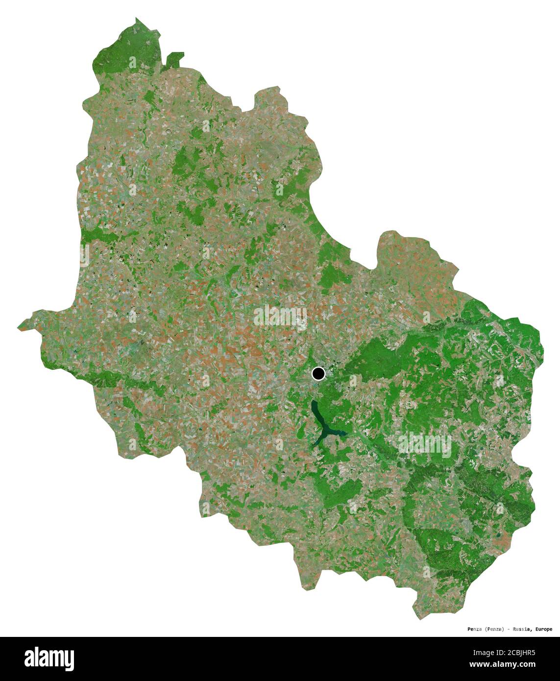 Shape of Penza, region of Russia, with its capital isolated on white background. Satellite imagery. 3D rendering Stock Photo