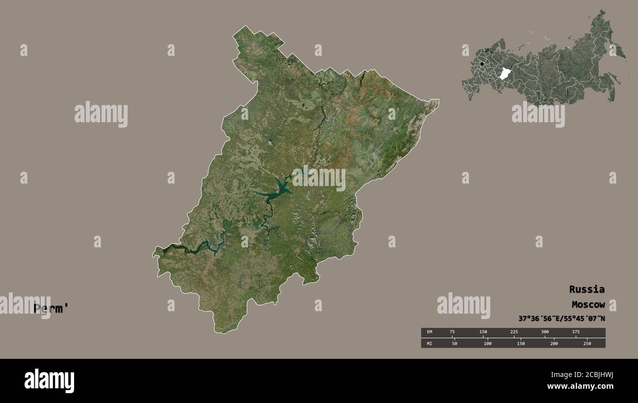 Shape of Perm', territory of Russia, with its capital isolated on solid ...