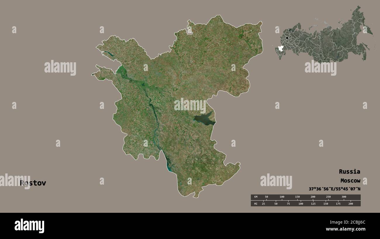 Shape of Rostov, region of Russia, with its capital isolated on solid background. Distance scale, region preview and labels. Satellite imagery. 3D ren Stock Photo