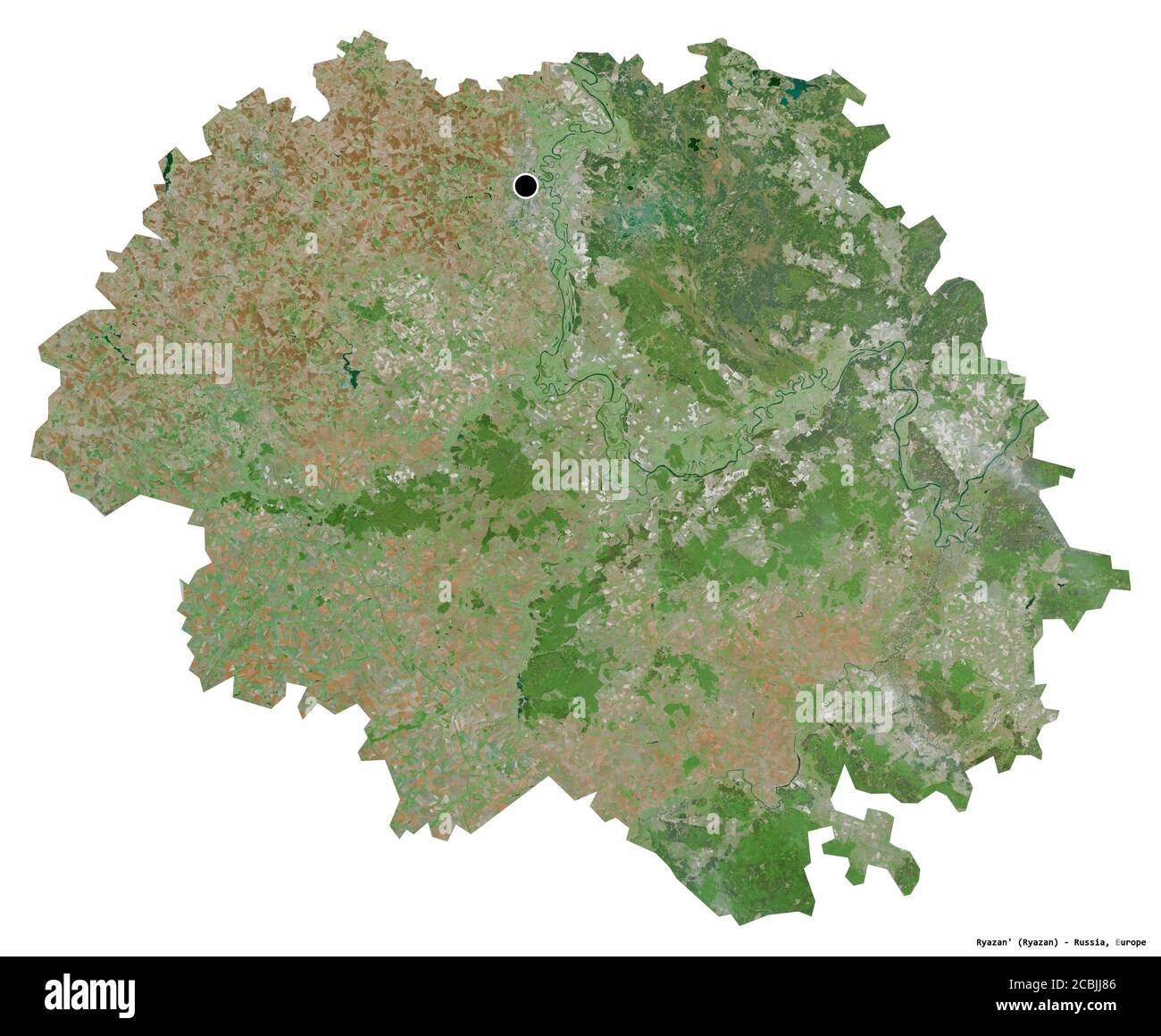 Shape of Ryazan', region of Russia, with its capital isolated on white background. Satellite imagery. 3D rendering Stock Photo
