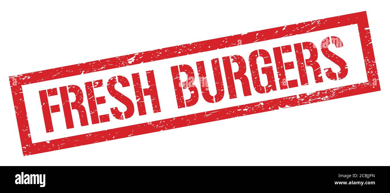 FRESH BURGERS red grungy rectangle stamp sign. Stock Photo