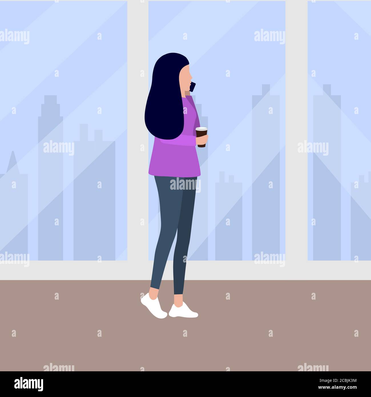 Woman talking on the phone and drinking coffee walking down. Vector illustration, flat design. Stock Vector