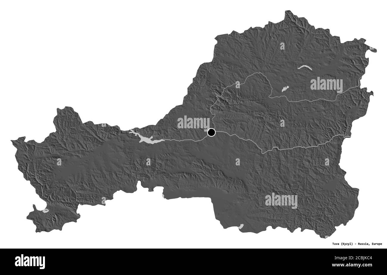 Shape of Tuva, republic of Russia, with its capital isolated on white background. Bilevel elevation map. 3D rendering Stock Photo