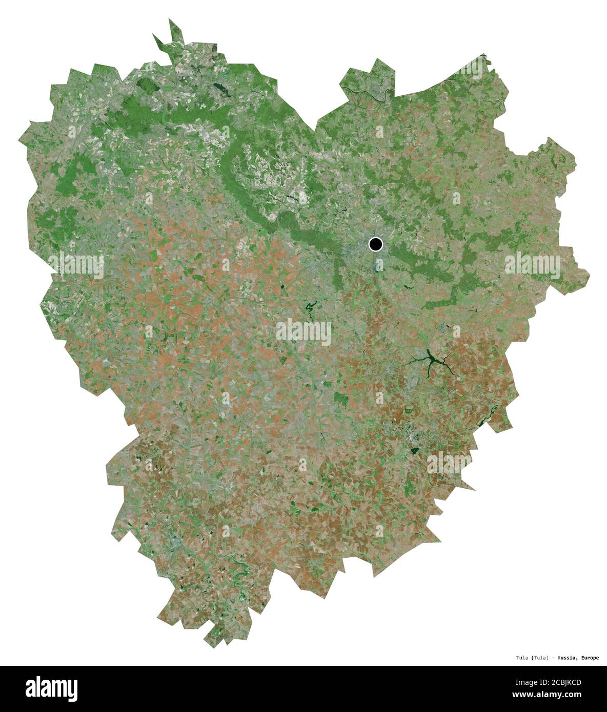 Shape of Tula, region of Russia, with its capital isolated on white background. Satellite imagery. 3D rendering Stock Photo