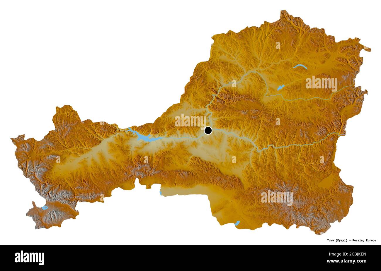Shape of Tuva, republic of Russia, with its capital isolated on white background. Topographic relief map. 3D rendering Stock Photo