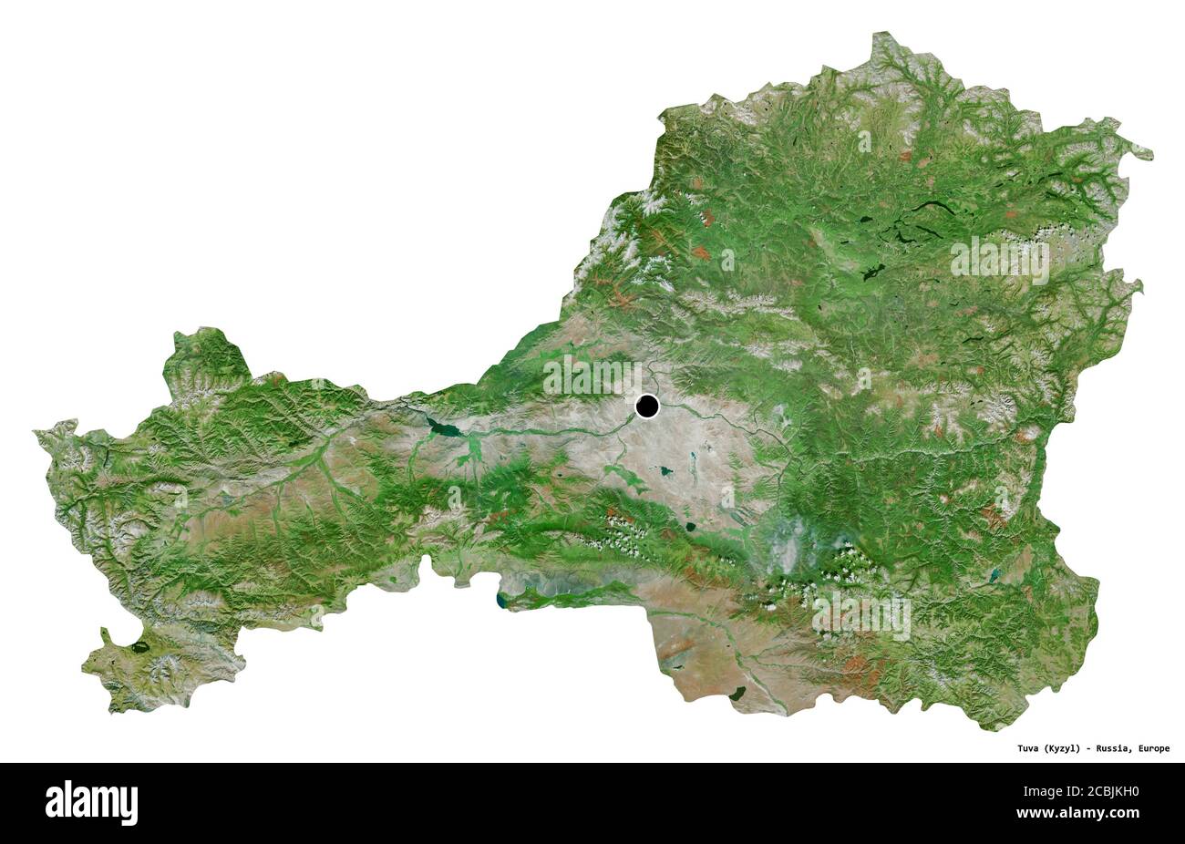 Shape of Tuva, republic of Russia, with its capital isolated on white background. Satellite imagery. 3D rendering Stock Photo
