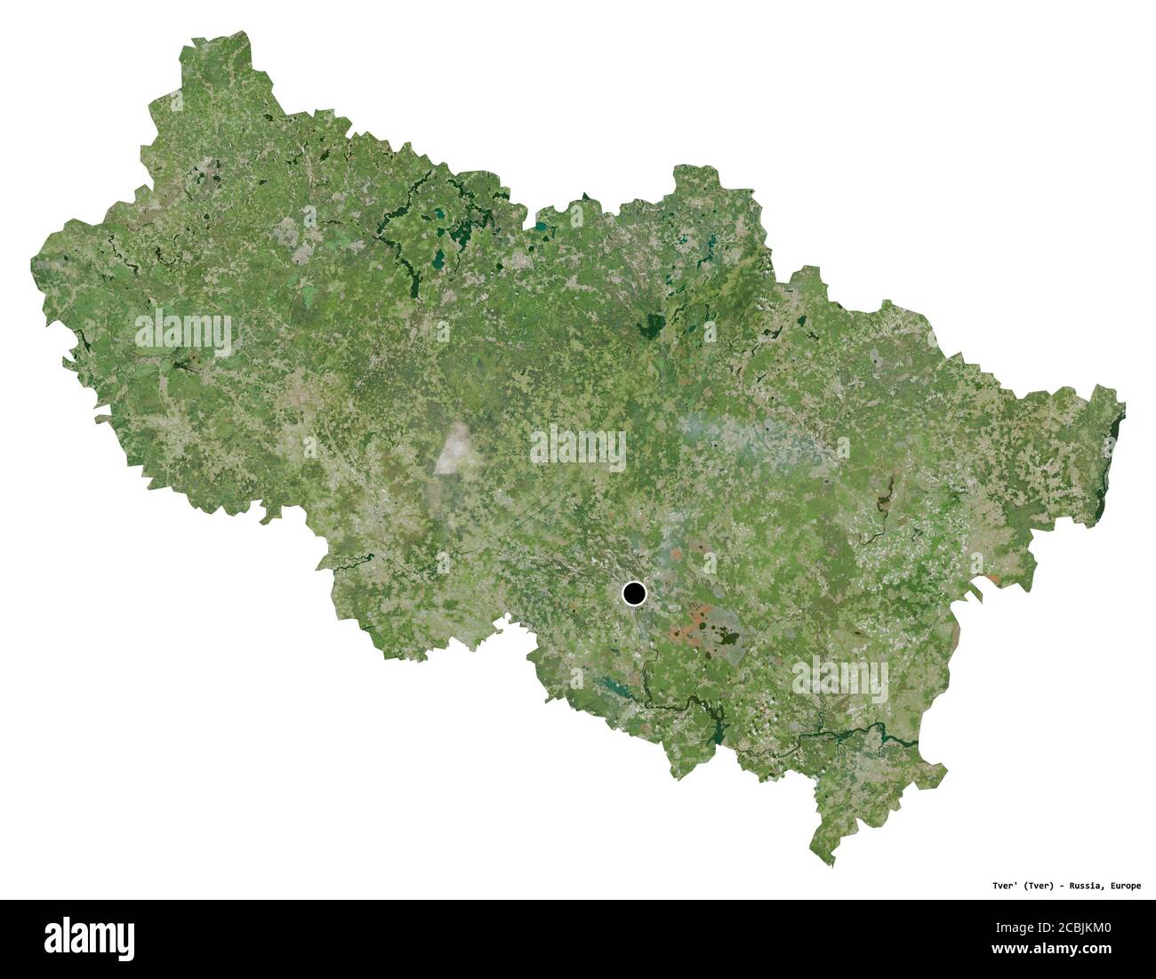Shape of Tver', region of Russia, with its capital isolated on white background. Satellite imagery. 3D rendering Stock Photo