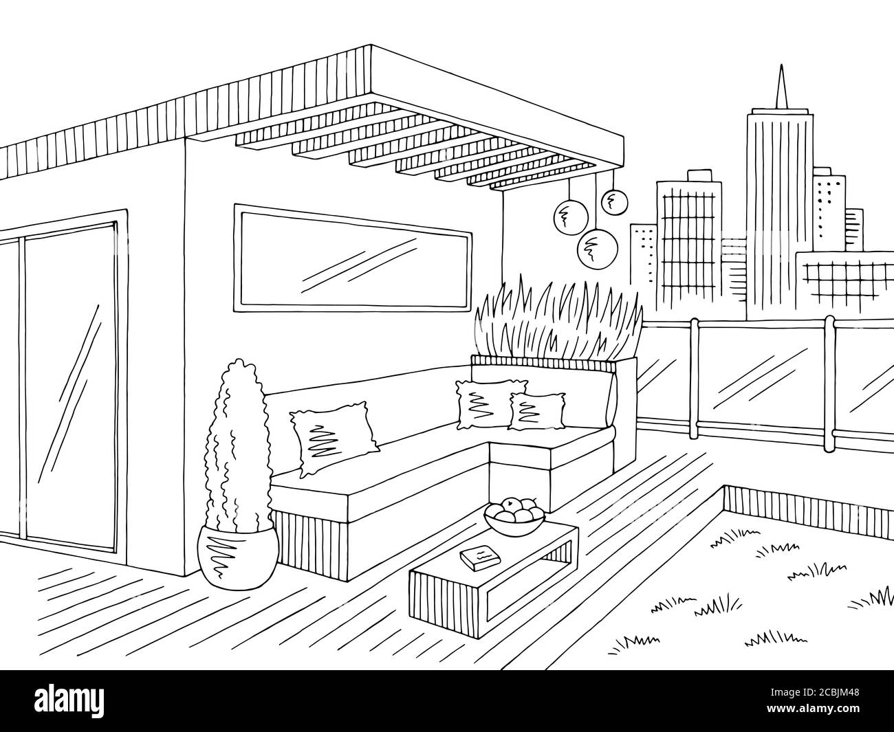 Roof garden graphic black white city landscape sketch illustration vector Stock Vector