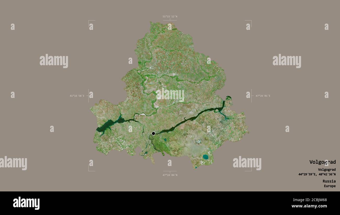 Area of Volgograd, region of Russia, isolated on a solid background in
