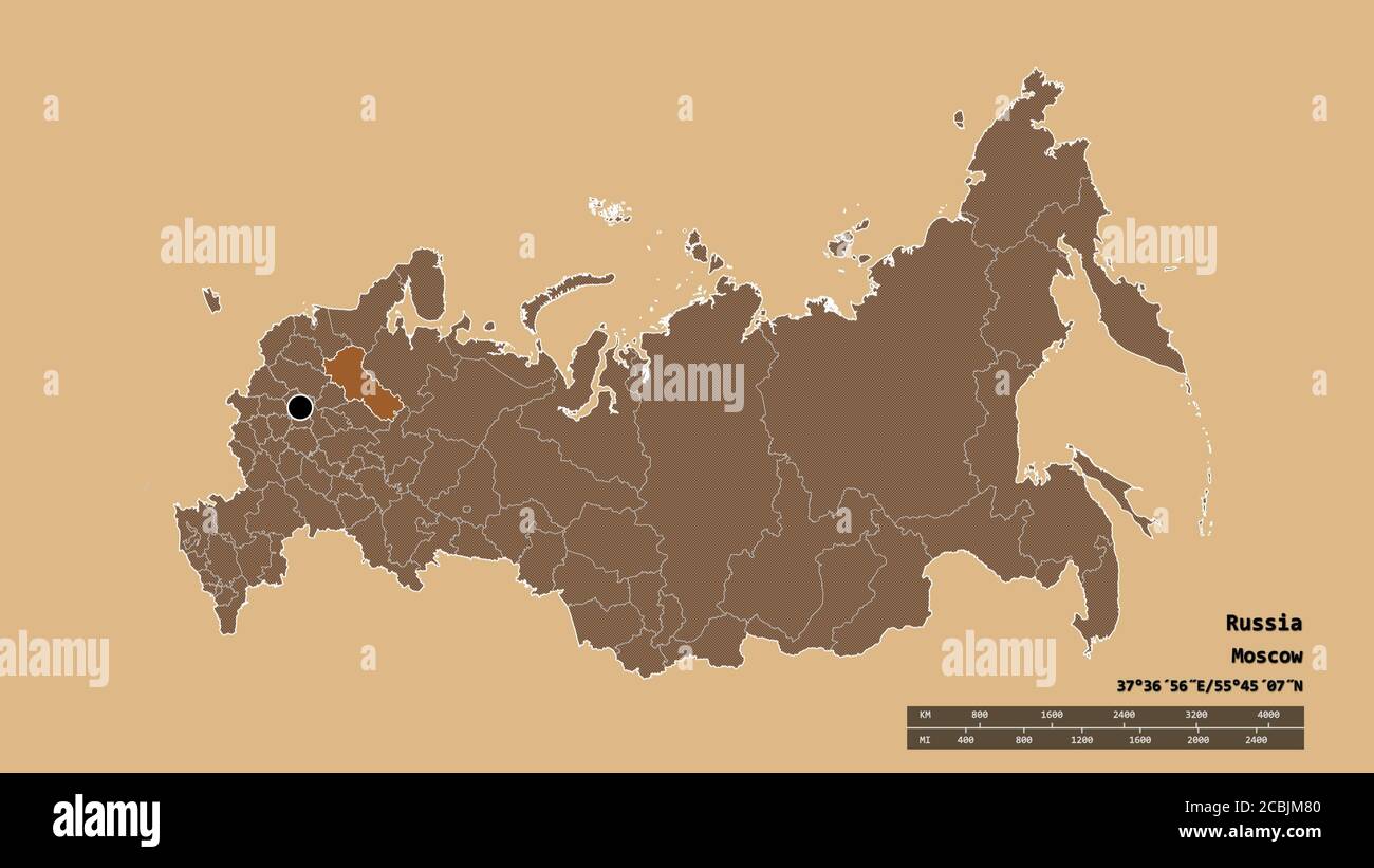 Desaturated shape of Russia with its capital, main regional division and the separated Vologda area. Labels. Composition of regularly patterned textur Stock Photo