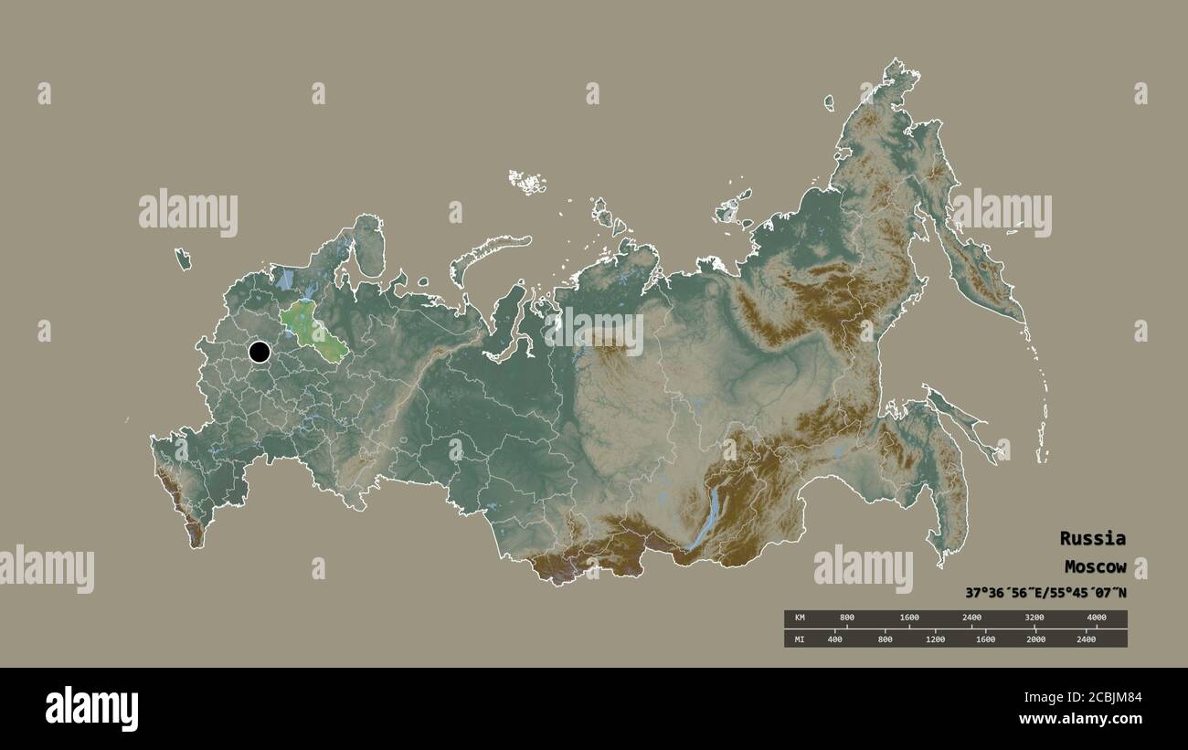 Desaturated shape of Russia with its capital, main regional division and the separated Vologda area. Labels. Topographic relief map. 3D rendering Stock Photo