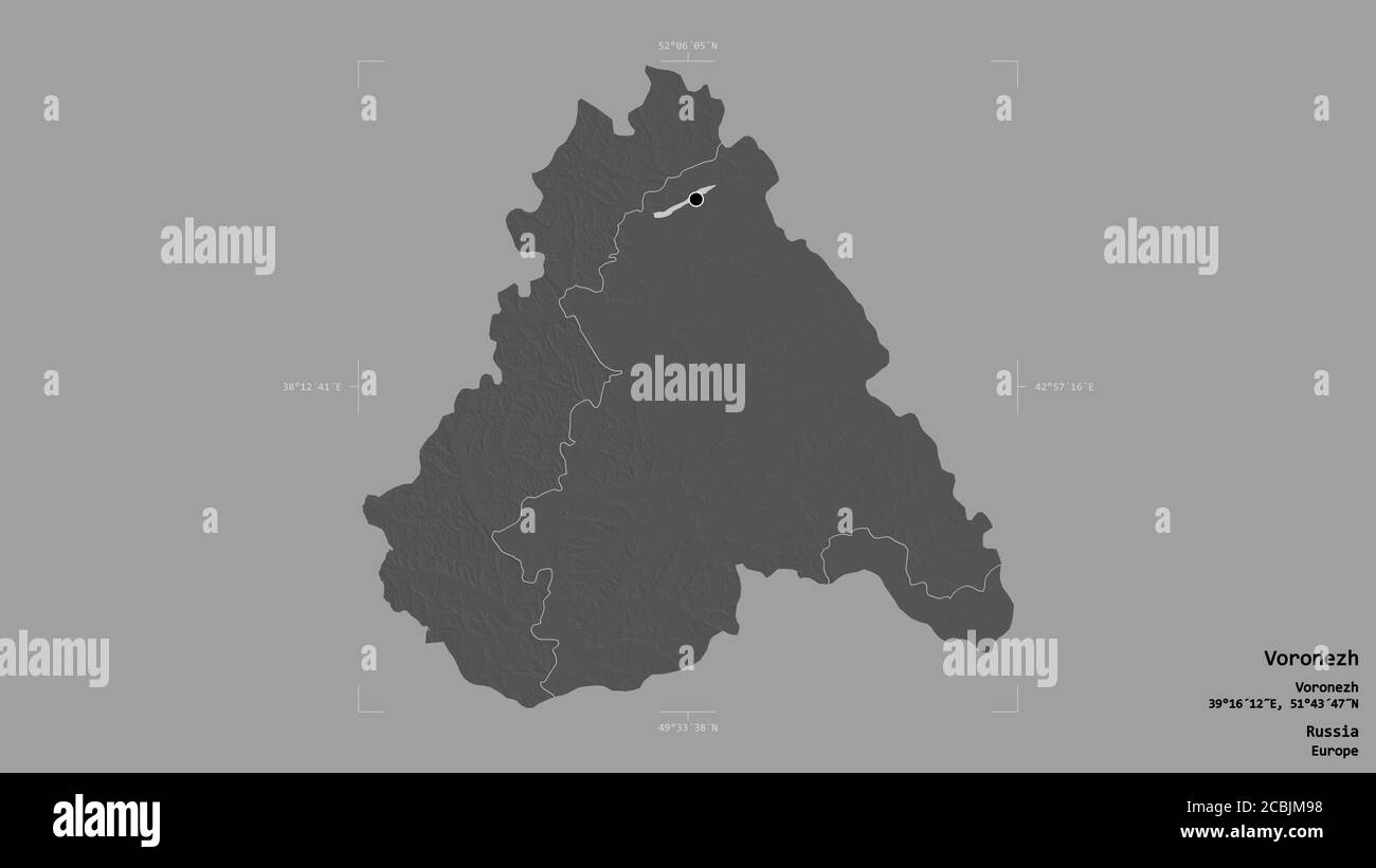 Area of Voronezh, region of Russia, isolated on a solid background in a georeferenced bounding box. Labels. Bilevel elevation map. 3D rendering Stock Photo