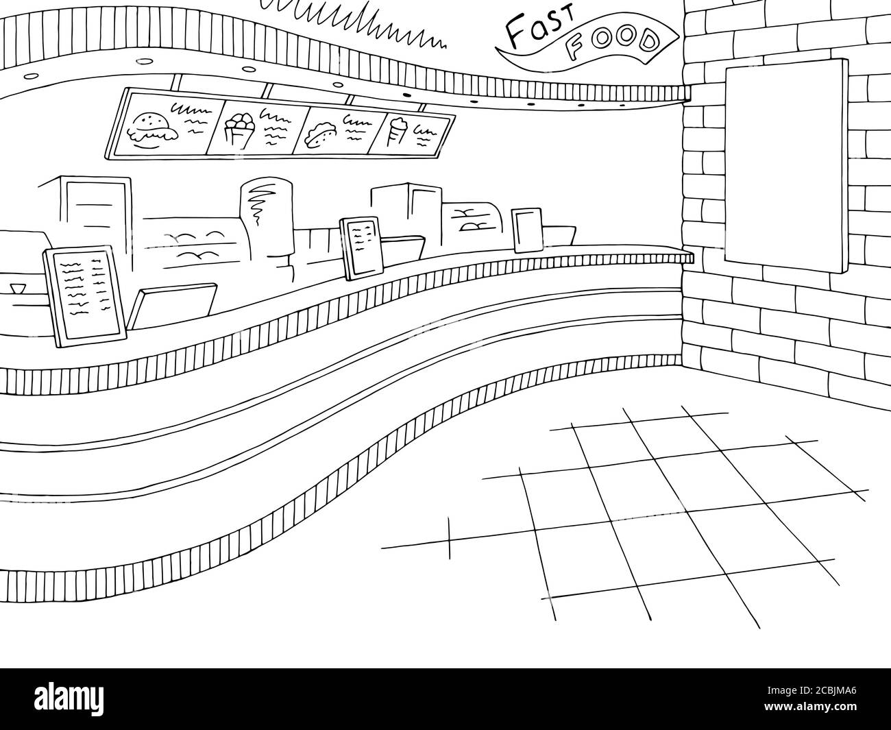 Fast food interior graphic black white restaurant sketch illustration vector Stock Vector