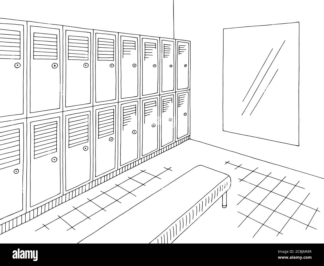 Locker dressing room graphic black white interior sketch illustration vector Stock Vector