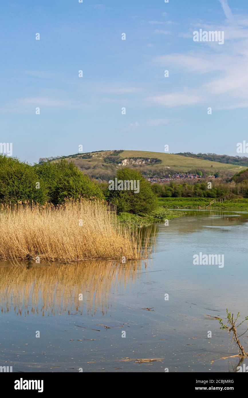 Looking along the River Ouse near Lewes on a sunny spring day Stock Photo