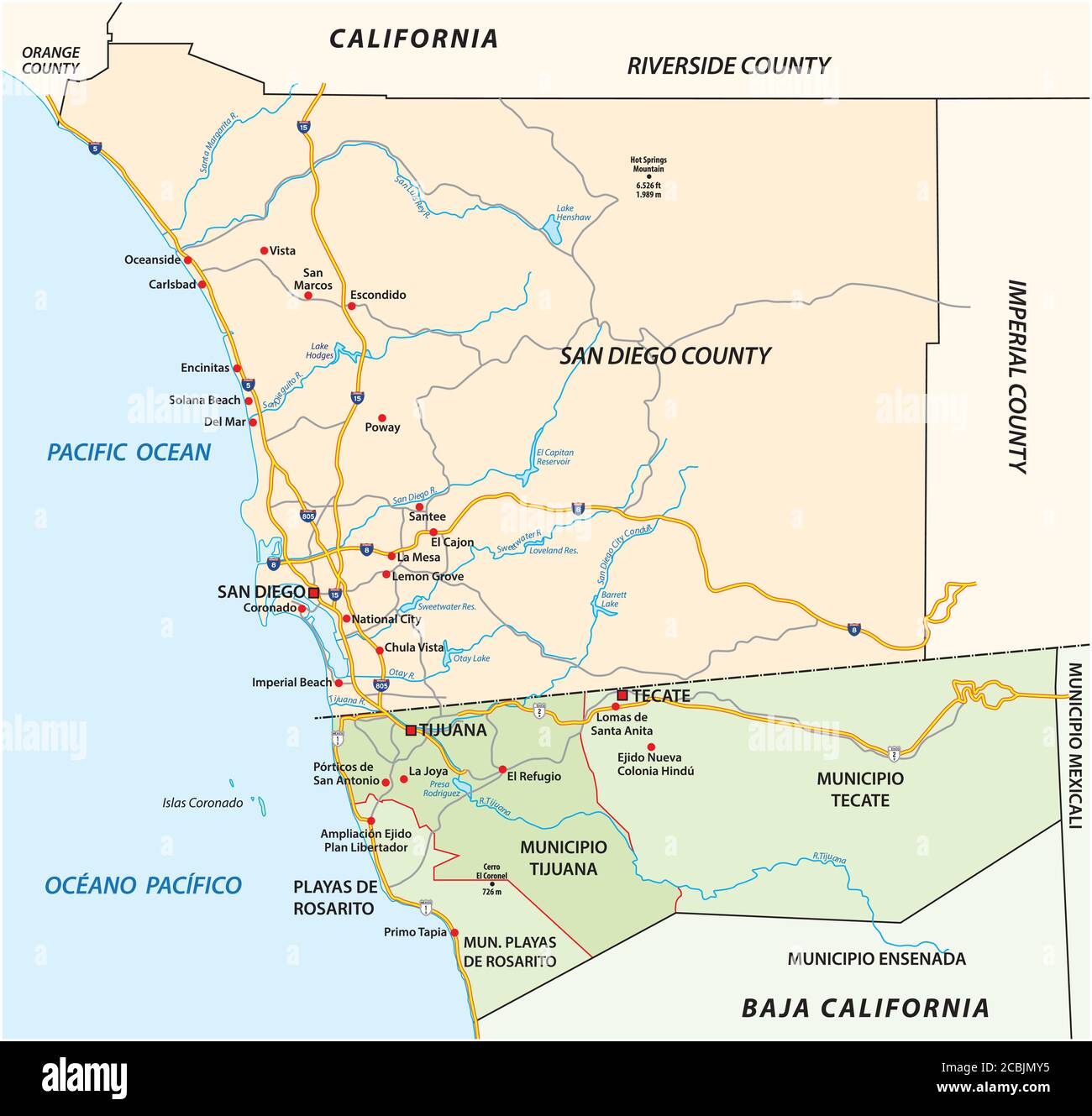 Road vector map of the cross-border agglomeration San Diego-Tijuana, Mexico, United States Stock Vector