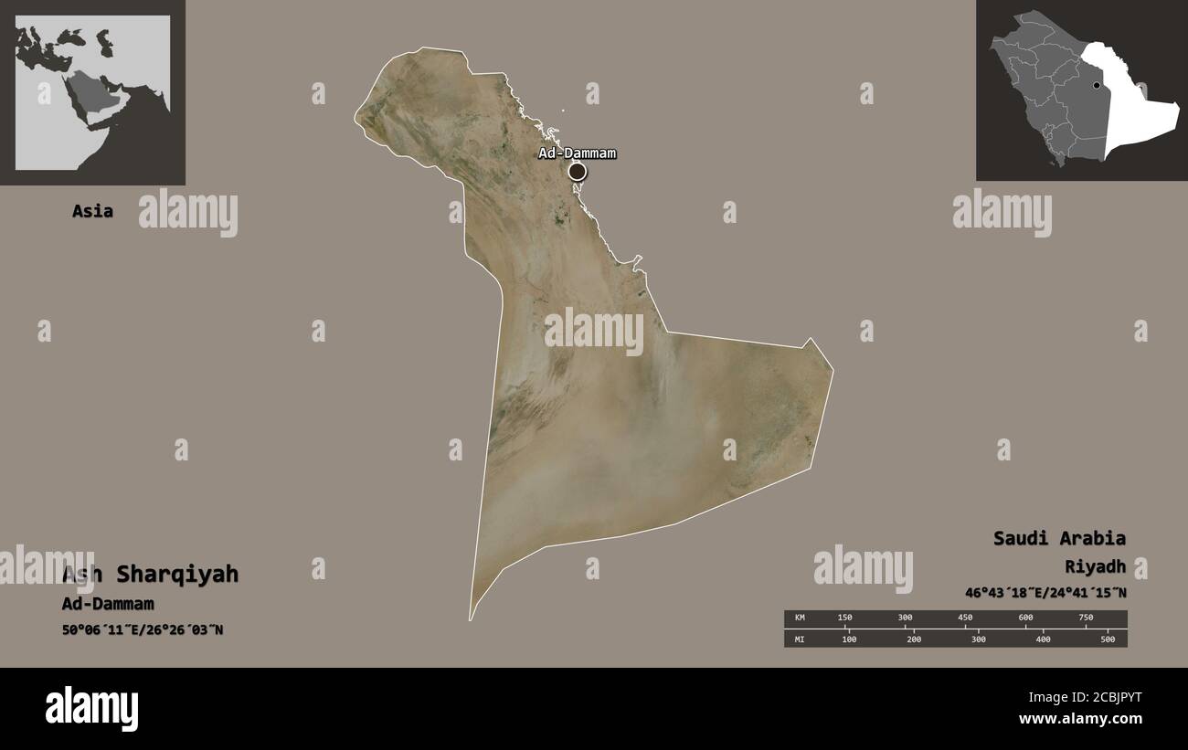Shape of Ash Sharqiyah, region of Saudi Arabia, and its capital. Distance scale, previews and labels. Satellite imagery. 3D rendering Stock Photo