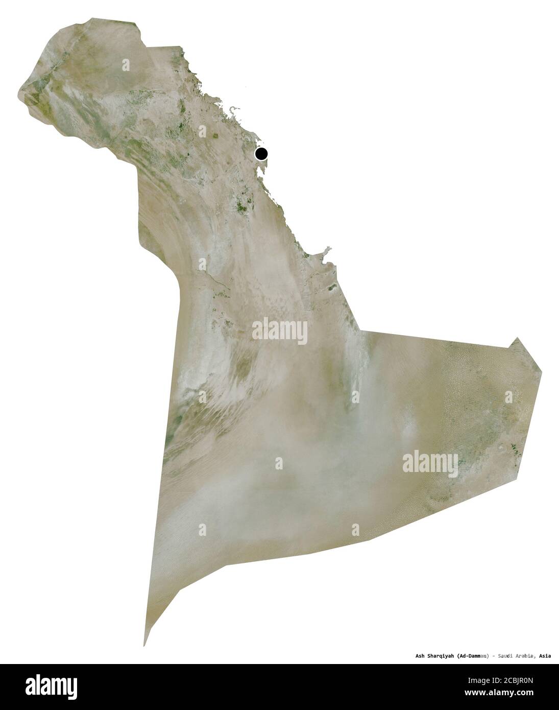 Shape of Ash Sharqiyah, region of Saudi Arabia, with its capital isolated on white background. Satellite imagery. 3D rendering Stock Photo