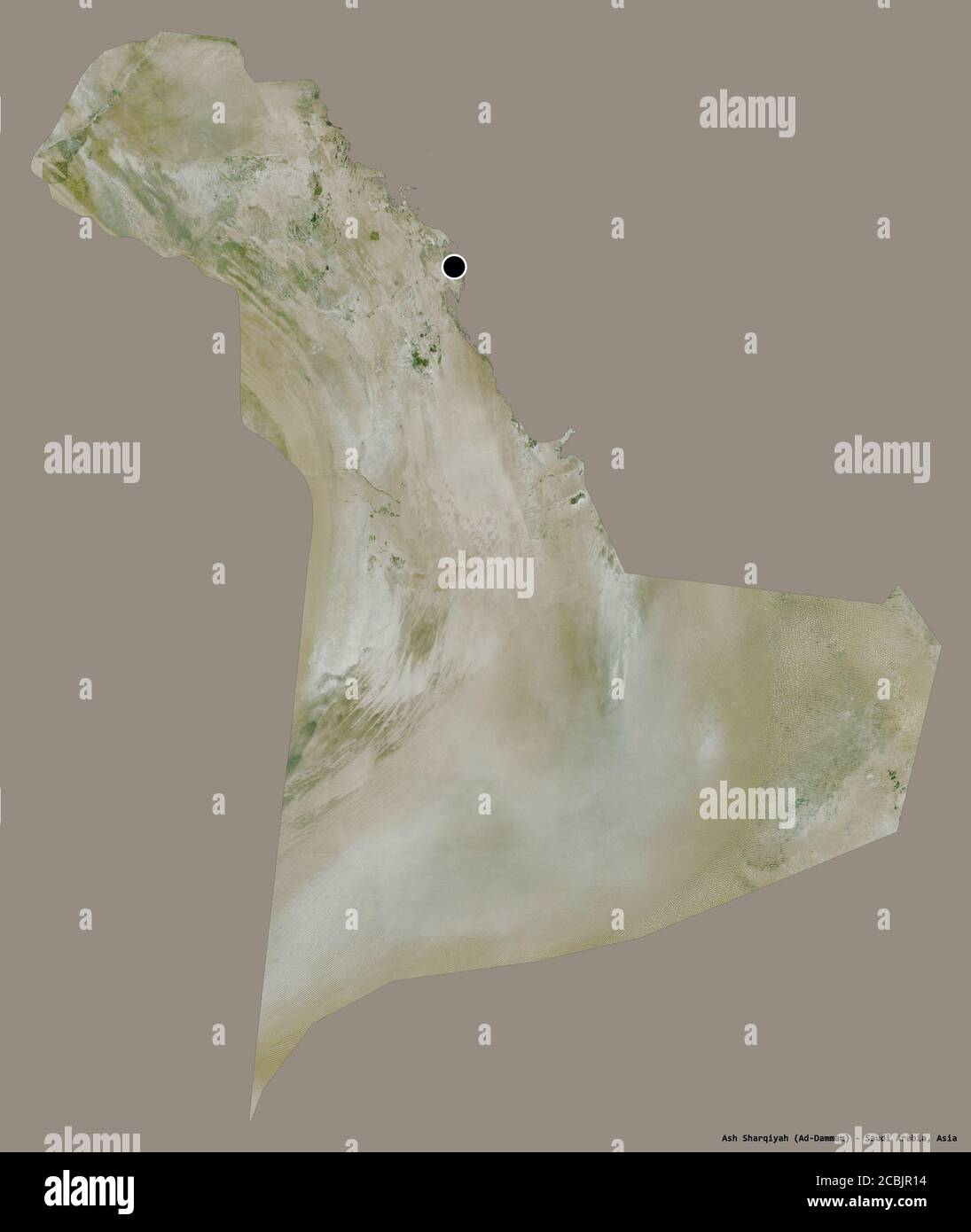 Shape of Ash Sharqiyah, region of Saudi Arabia, with its capital isolated on a solid color background. Satellite imagery. 3D rendering Stock Photo