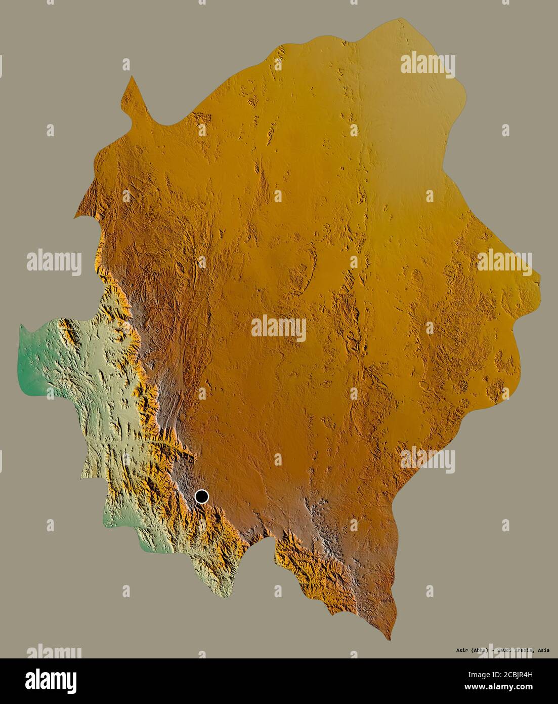 Shape of Asir, region of Saudi Arabia, with its capital isolated on a solid color background. Topographic relief map. 3D rendering Stock Photo