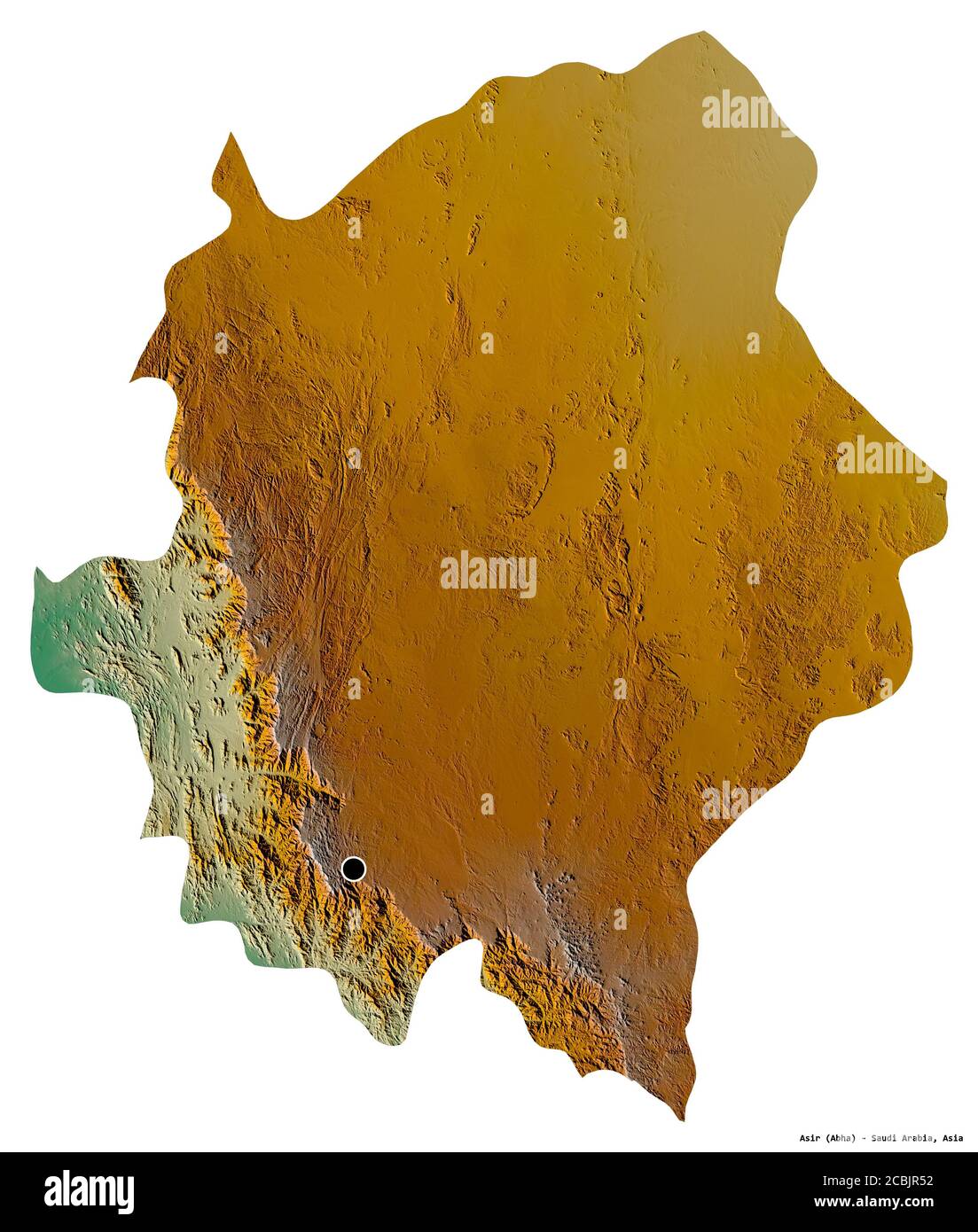 Shape of Asir, region of Saudi Arabia, with its capital isolated on white background. Topographic relief map. 3D rendering Stock Photo