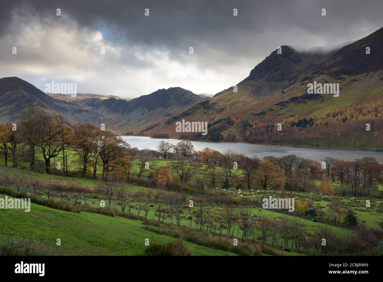 Autumn view of Buttermere lake and Fleetwith Pike, Haystacks and High Crag fells in the Lake District National Park, Cumbria, England. Stock Photo