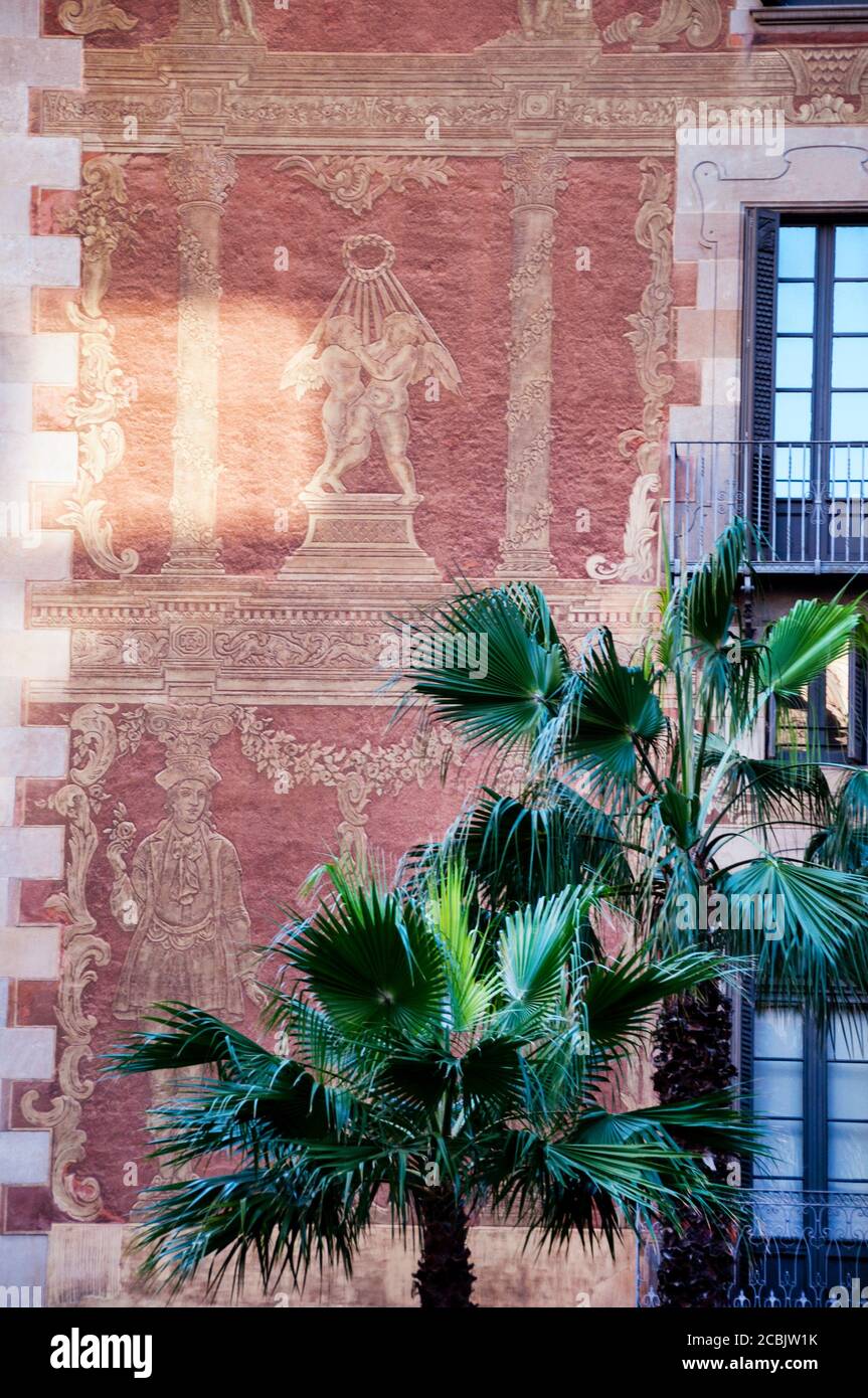 La Casa del la Seda, once headquarters of the Guild of Silk Weavers, covered in original 18th century sgraffito, Barcelona, Spain. Stock Photo