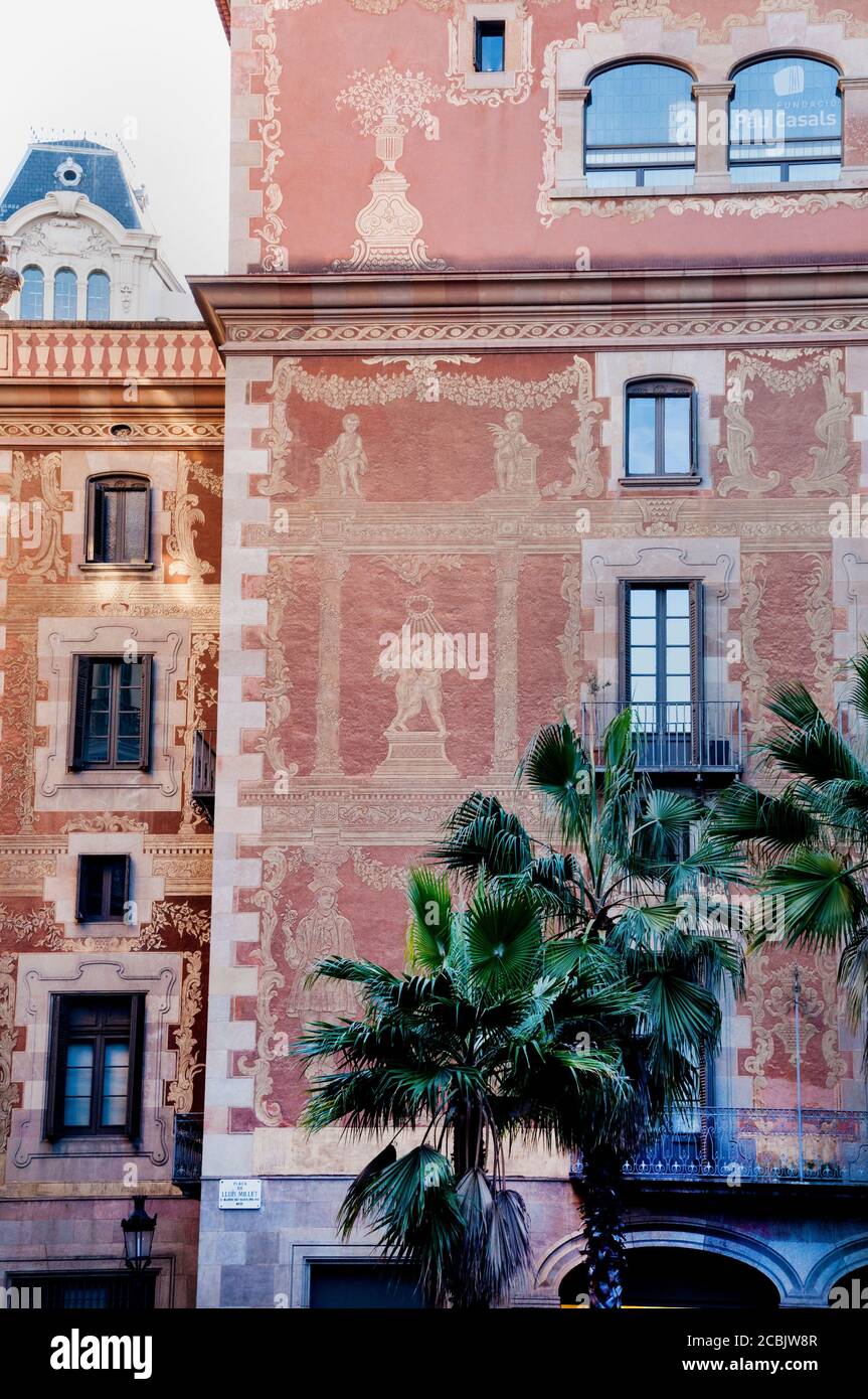 La Casa del la Seda, once headquarters of the Guild of Silk Weavers, is covered in original 18th century sgraffito in Barcelona, Spain. Stock Photo