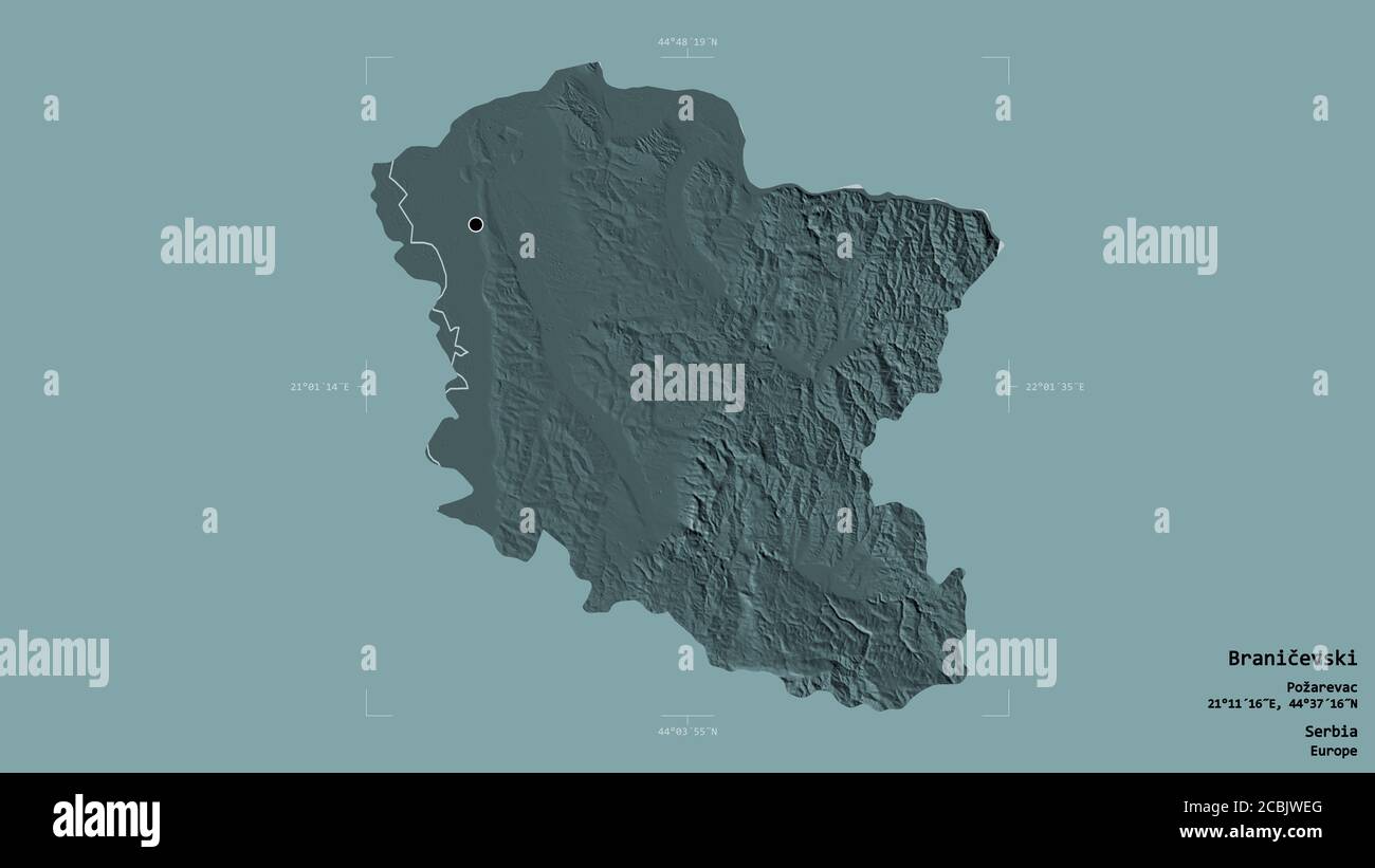 Area of Braničevski, district of Serbia, isolated on a solid background in a georeferenced bounding box. Labels. Colored elevation map. 3D rendering Stock Photo