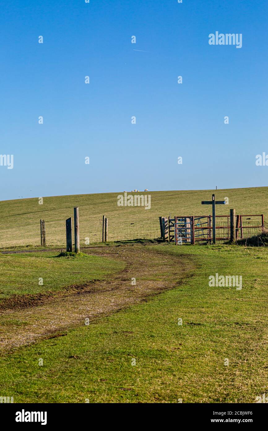 A pathway on Firle Beacon in the South Downs, on a sunny winters day Stock Photo