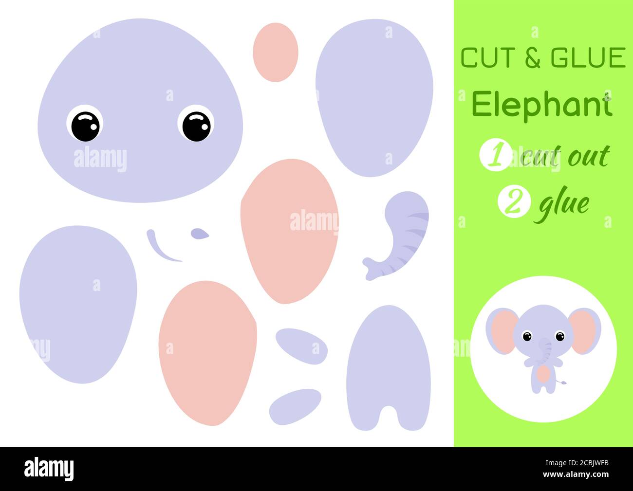 Cut and glue baby elephant. Education developing worksheet. Color paper game for preschool