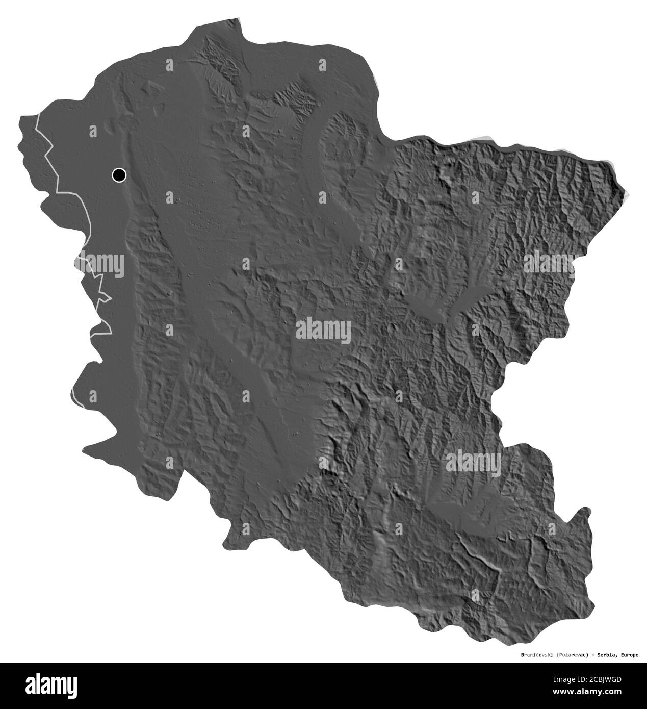 Shape of Braničevski, district of Serbia, with its capital isolated on white background. Bilevel elevation map. 3D rendering Stock Photo
