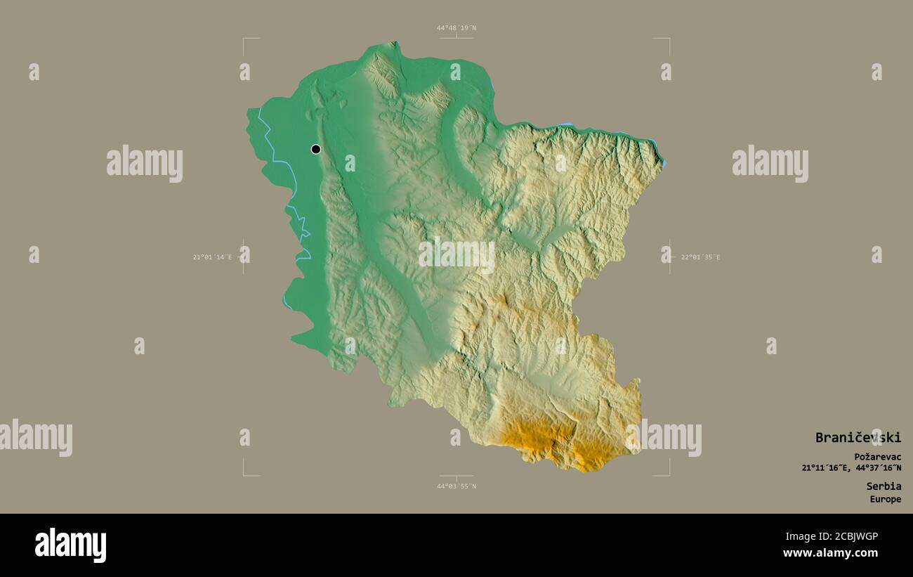Area of Braničevski, district of Serbia, isolated on a solid background in a georeferenced bounding box. Labels. Topographic relief map. 3D rendering Stock Photo
