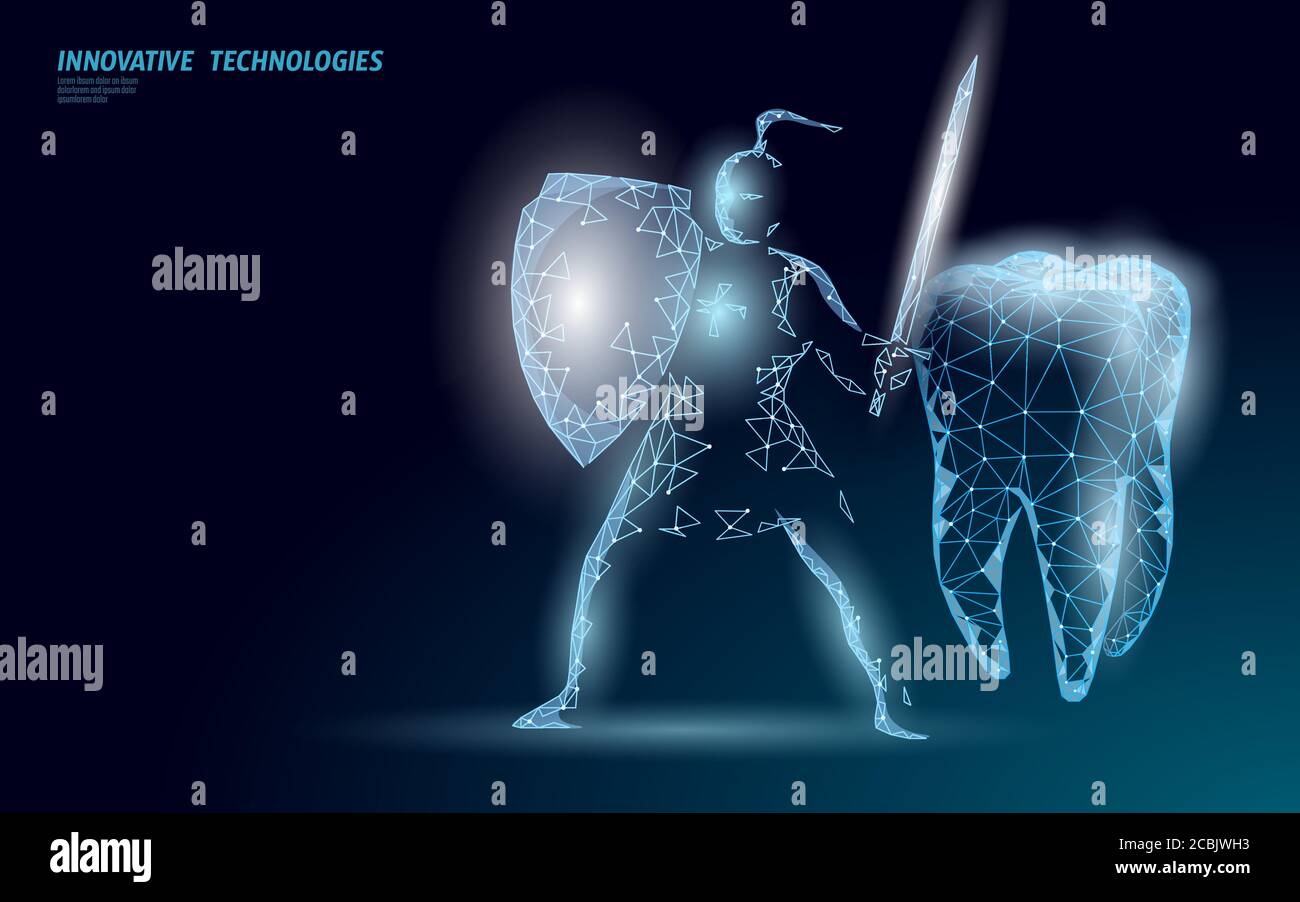 Low poly tooth protection medical concept. Cavity prevent shield