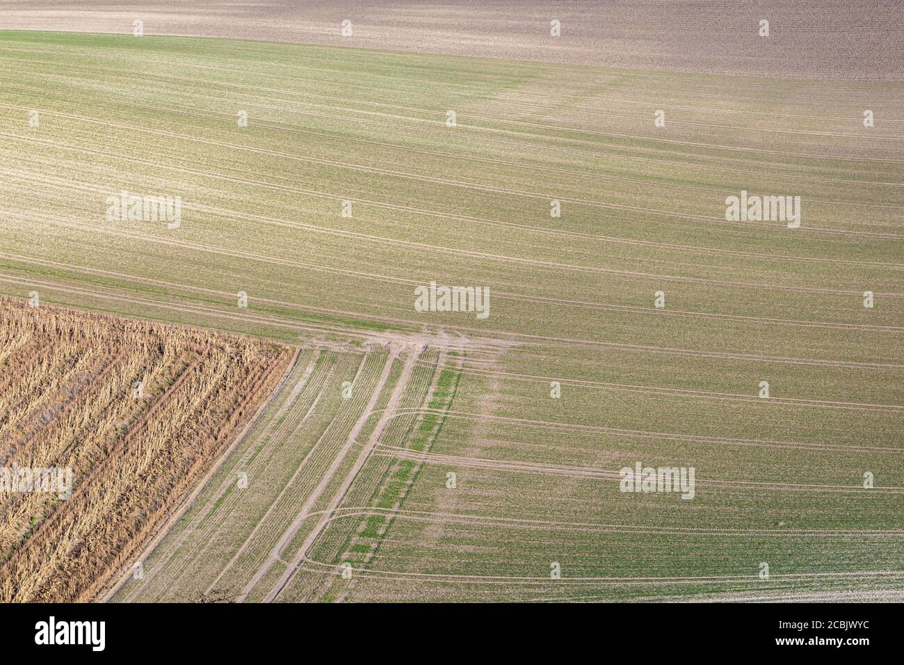 A full frame photograph looking down on patterns in farmland, on a sunny winters day Stock Photo