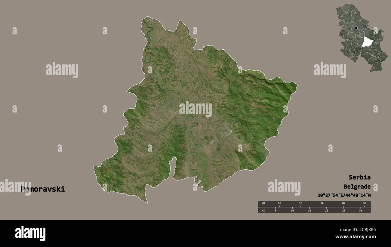 Shape of Pomoravski, district of Serbia, with its capital isolated on solid background. Distance scale, region preview and labels. Satellite imagery. Stock Photo