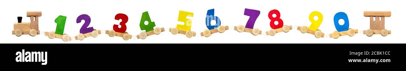 Baby train with track numbers made of wooden. Children s school concept Stock Photo