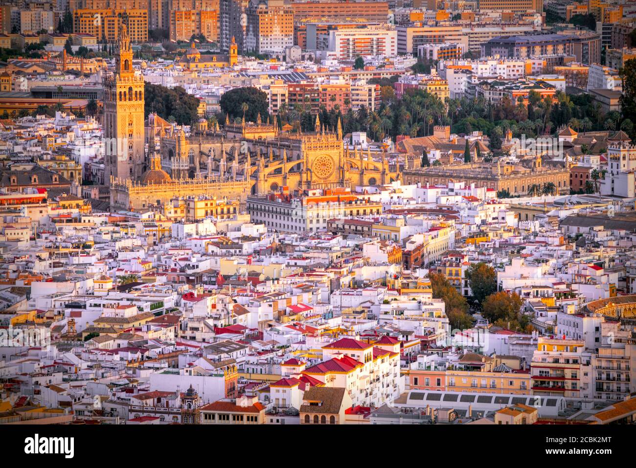 Aerial view of Seville downtown, with the Giralda tower, the Cathedral and the Archivo de Indias building, among other landmarks, Spain. Stock Photo